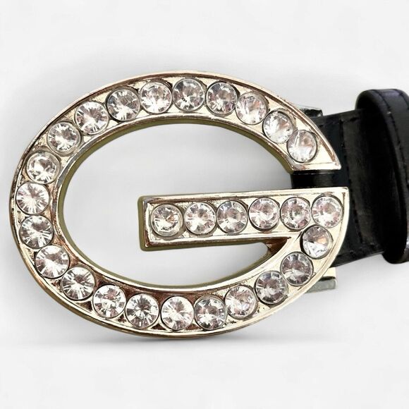 Guess Leather Belt G Logo Y2K Vintage M Rhinestone Crystal Buckle Grunge 955195 - Picture 3 of 7